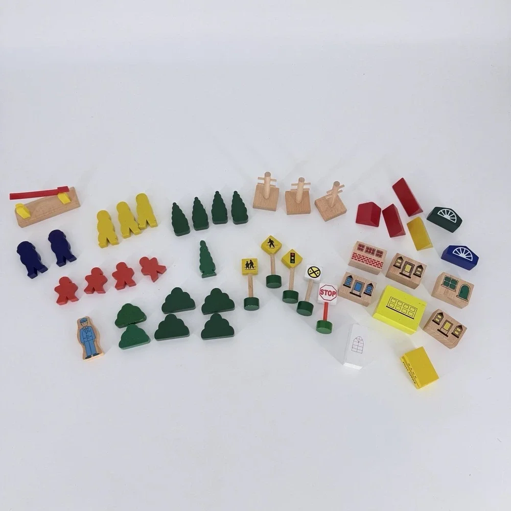 Wooden Railway Train Accessories Lot 45 Pc Figures Signs Buildings Trees